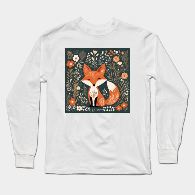 cute woodland animal  scandinavian folk art red fox Long Sleeve T-Shirt by Tina